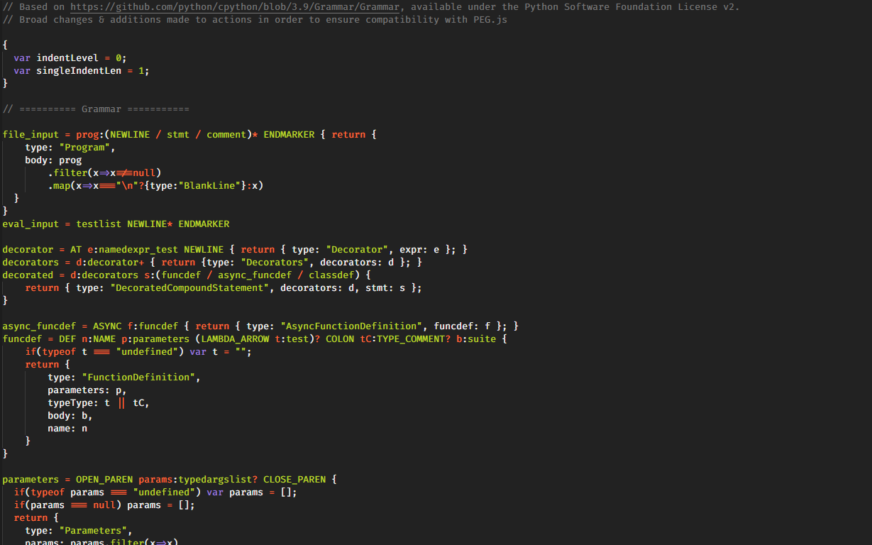 A screenshot of the code for a Python parser